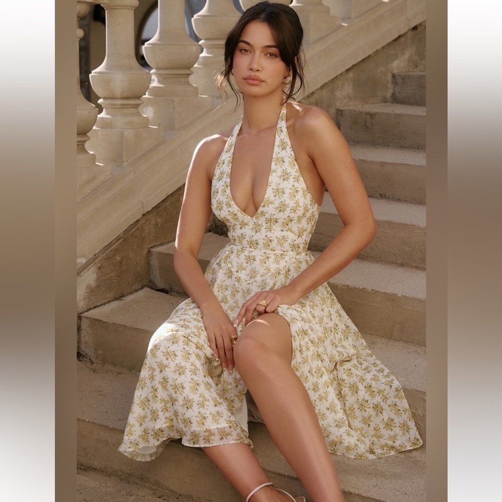House of CB Ivory Vintage Floral Print Georgette Halter Sundress - Picture 2 of 9
